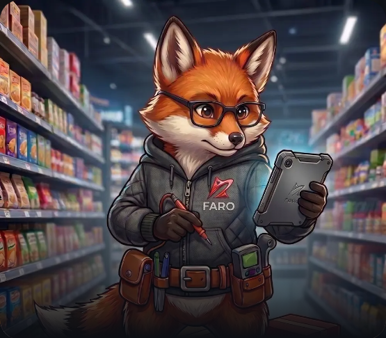 Faro, a raposa mascote da inteligência artificial da RenovRetail, com um tablet na mão