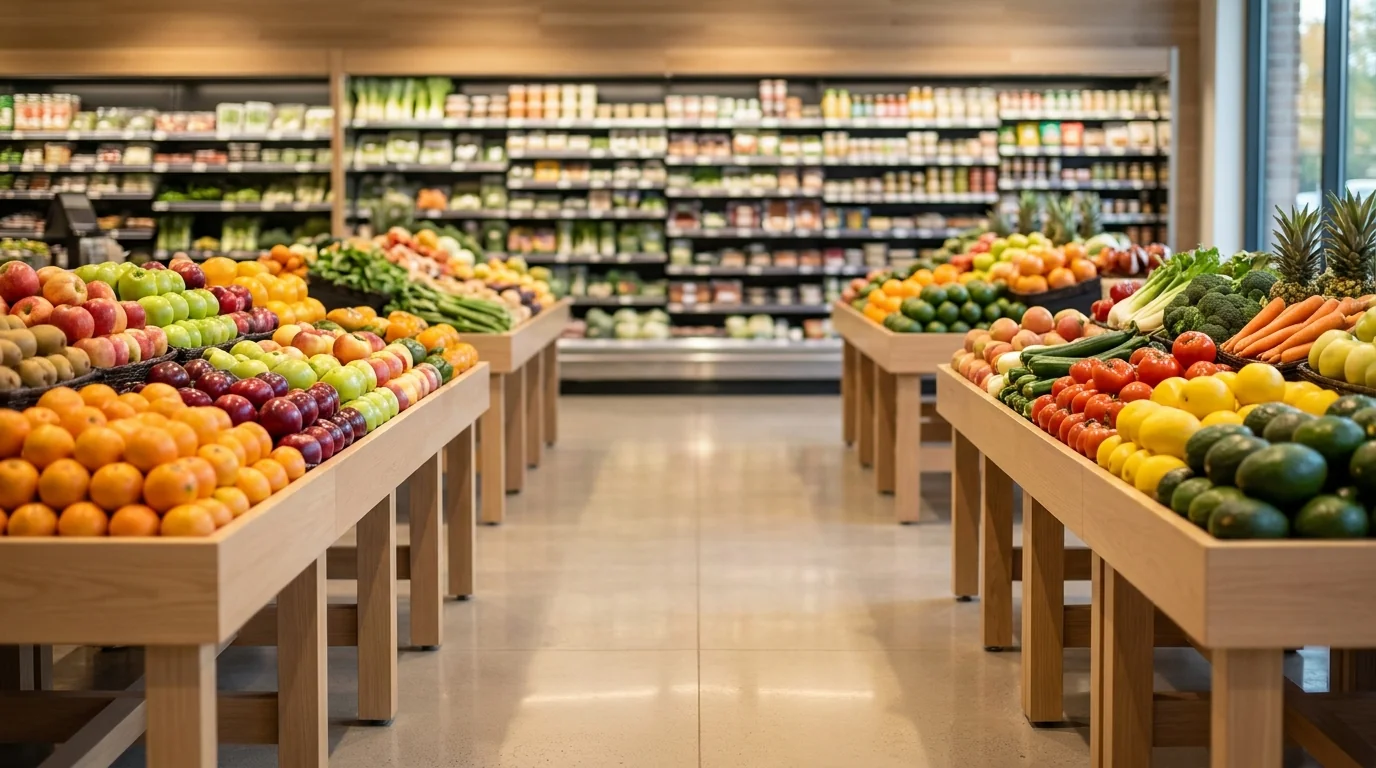 Corredor de supermercado com hortifrúti fresco e gôndolas abastecidas